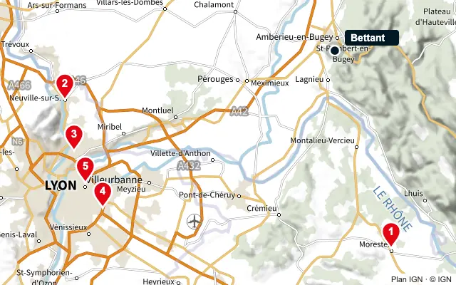 Carte : Bettant et les 5 agences de la liste, numérotées de 1 à 5