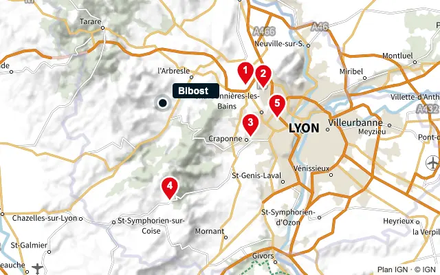 Carte : Bibost et les 5 agences de la liste, numérotées de 1 à 5