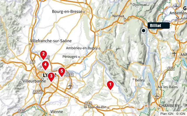 Carte : Billiat et les 5 agences de la liste, numérotées de 1 à 5