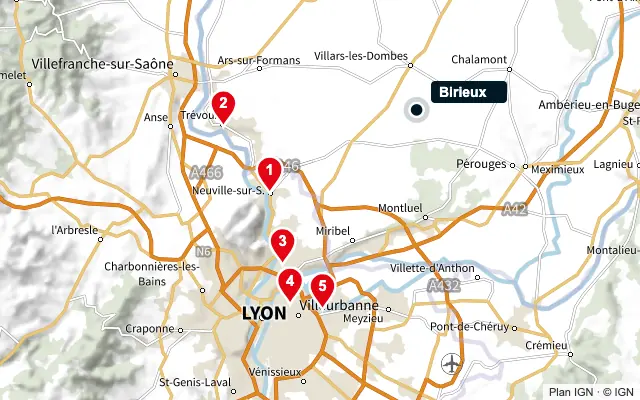 Carte : Birieux et les 5 agences de la liste, numérotées de 1 à 5
