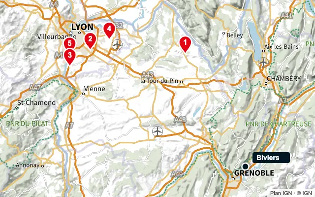 Carte : Biviers et les 5 agences de la liste, numérotées de 1 à 5