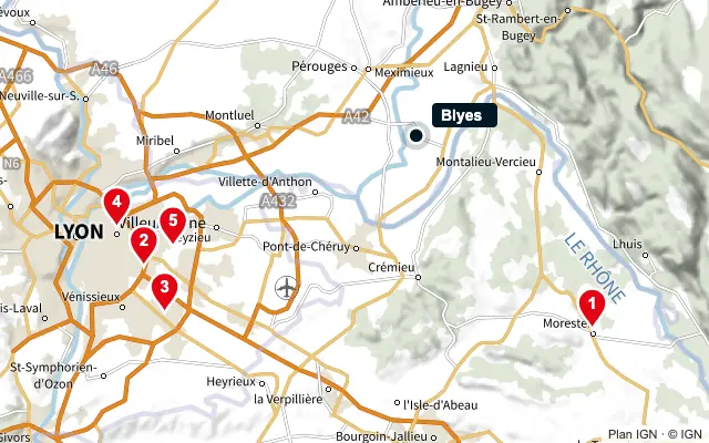 Carte : Blyes et les 5 agences de la liste, numérotées de 1 à 5