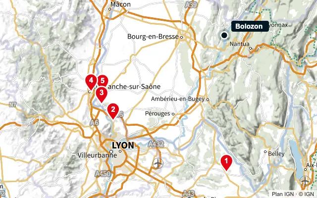 Carte : Bolozon et les 5 agences de la liste, numérotées de 1 à 5