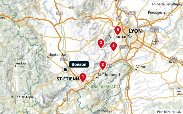 Carte : Bonson et les 5 agences de la liste, numérotées de 1 à 5
