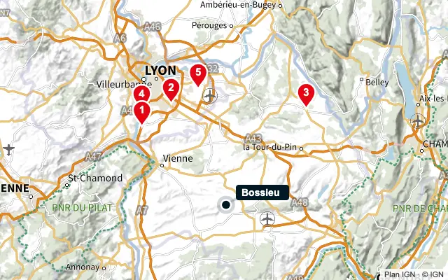 Carte : Bossieu et les 5 agences de la liste, numérotées de 1 à 5