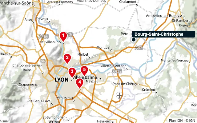Carte : Bourg-Saint-Christophe et les 5 agences de la liste, numérotées de 1 à 5