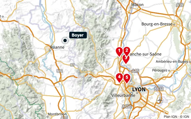 Carte : Boyer et les 5 agences de la liste, numérotées de 1 à 5
