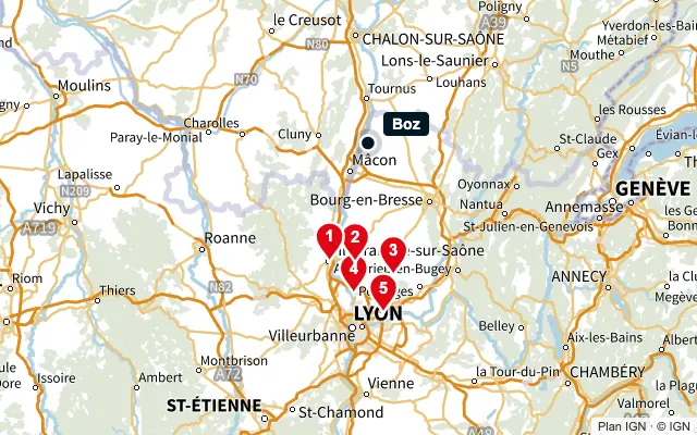Carte : Boz et les 5 agences de la liste, numérotées de 1 à 5