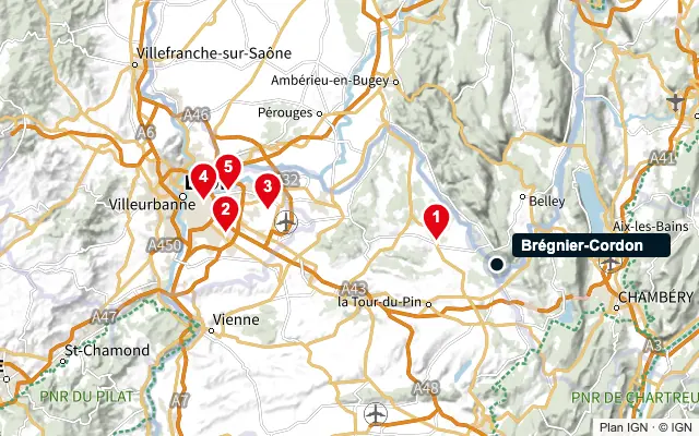 Carte : Brégnier-Cordon et les 5 agences de la liste, numérotées de 1 à 5