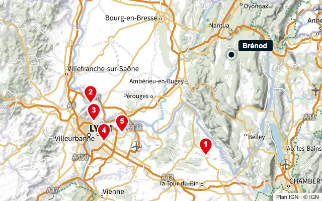 Carte : Brénod et les 5 agences de la liste, numérotées de 1 à 5