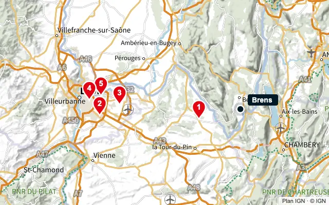 Carte : Brens et les 5 agences de la liste, numérotées de 1 à 5