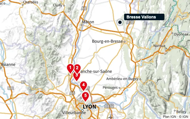 Carte : Bresse Vallons et les 5 agences de la liste, numérotées de 1 à 5