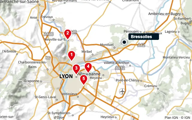 Carte : Bressolles et les 5 agences de la liste, numérotées de 1 à 5