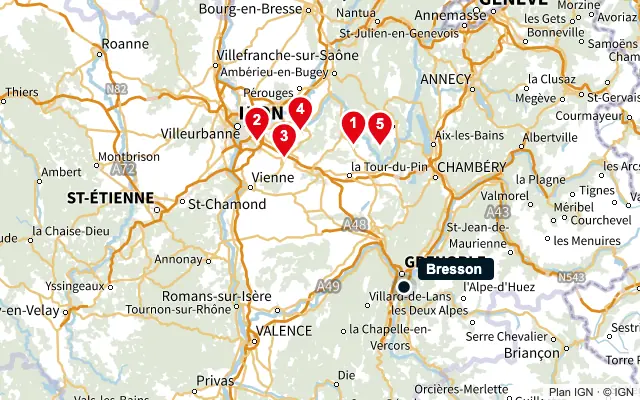 Carte : Bresson et les 5 agences de la liste, numérotées de 1 à 5
