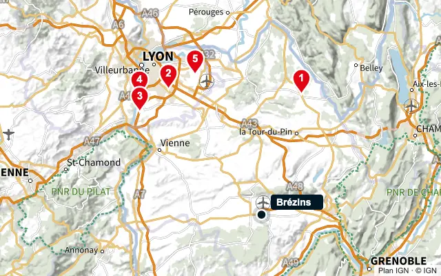 Carte : Brézins et les 5 agences de la liste, numérotées de 1 à 5