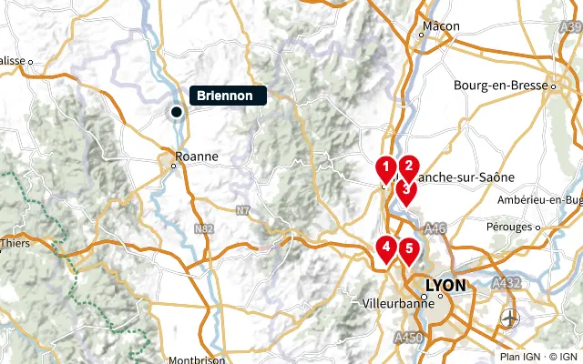 Carte : Briennon et les 5 agences de la liste, numérotées de 1 à 5