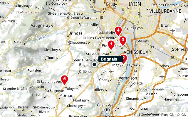 Carte : Brignais et les 5 agences de la liste, numérotées de 1 à 5
