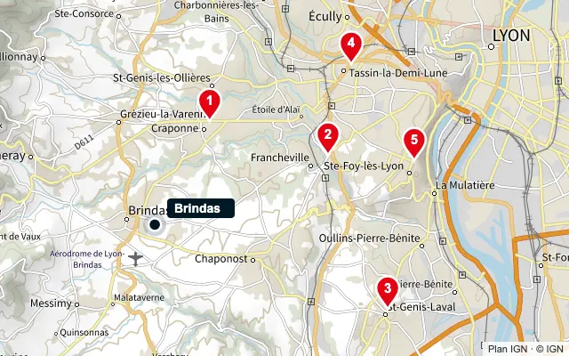 Carte : Brindas et les 5 agences de la liste, numérotées de 1 à 5