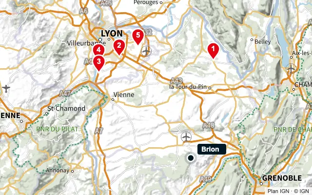 Carte : Brion et les 5 agences de la liste, numérotées de 1 à 5