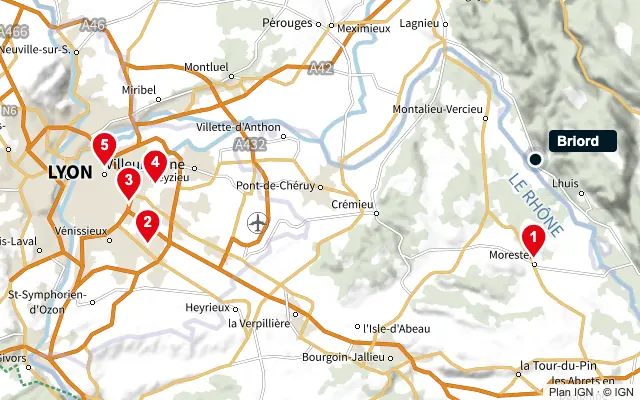 Carte : Briord et les 5 agences de la liste, numérotées de 1 à 5