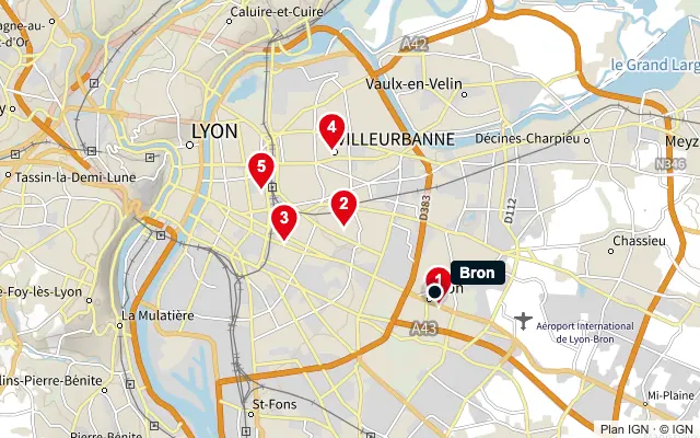 Carte : Bron et les 5 agences de la liste, numérotées de 1 à 5