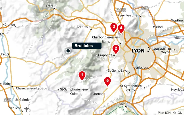Carte : Brullioles et les 5 agences de la liste, numérotées de 1 à 5