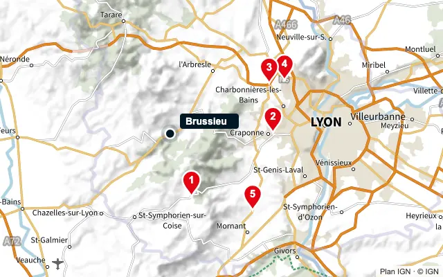 Carte : Brussieu et les 5 agences de la liste, numérotées de 1 à 5