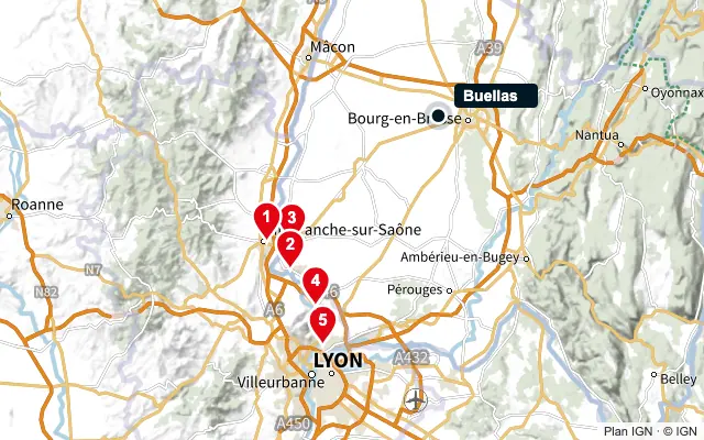 Carte : Buellas et les 5 agences de la liste, numérotées de 1 à 5