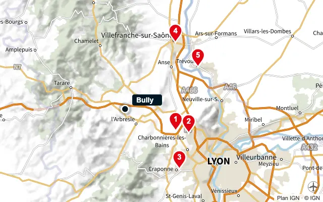 Carte : Bully et les 5 agences de la liste, numérotées de 1 à 5