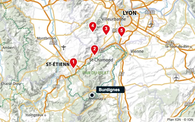 Carte : Burdignes et les 5 agences de la liste, numérotées de 1 à 5