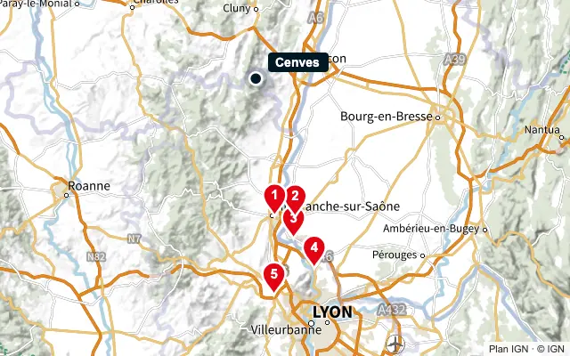Carte : Cenves et les 5 agences de la liste, numérotées de 1 à 5