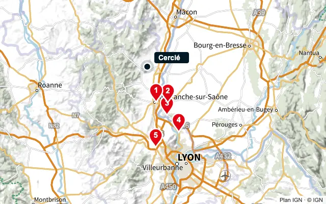 Carte : Cercié et les 5 agences de la liste, numérotées de 1 à 5