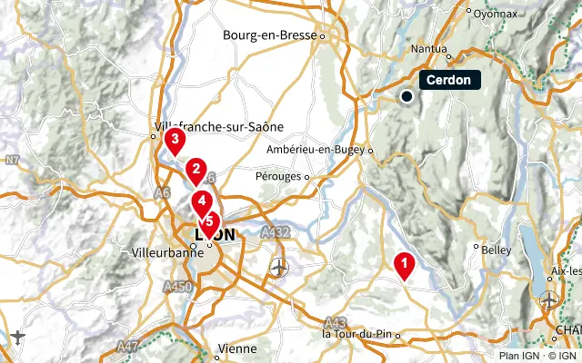 Carte : Cerdon et les 5 agences de la liste, numérotées de 1 à 5