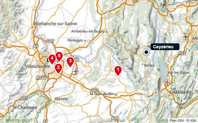 Carte : Ceyzérieu et les 5 agences de la liste, numérotées de 1 à 5