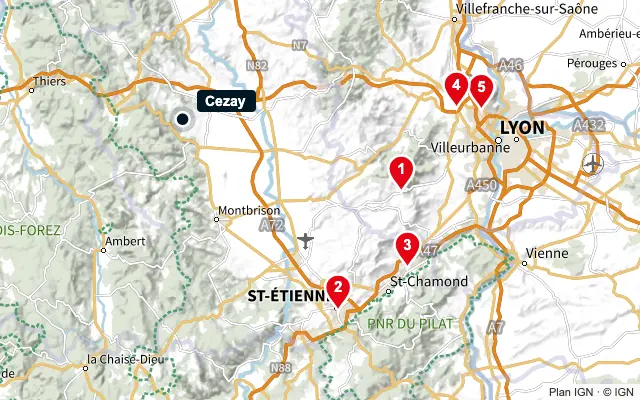 Carte : Cezay et les 5 agences de la liste, numérotées de 1 à 5