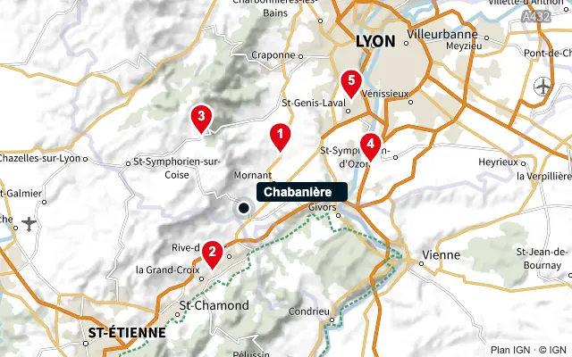 Carte : Chabanière et les 5 agences de la liste, numérotées de 1 à 5