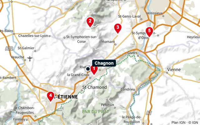 Carte : Chagnon et les 5 agences de la liste, numérotées de 1 à 5