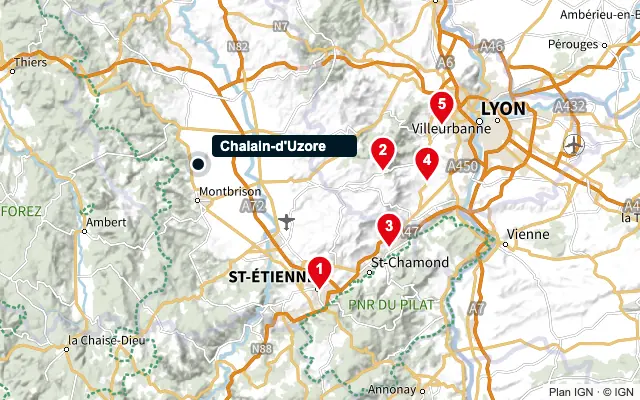 Carte : Chalain-d'Uzore et les 5 agences de la liste, numérotées de 1 à 5