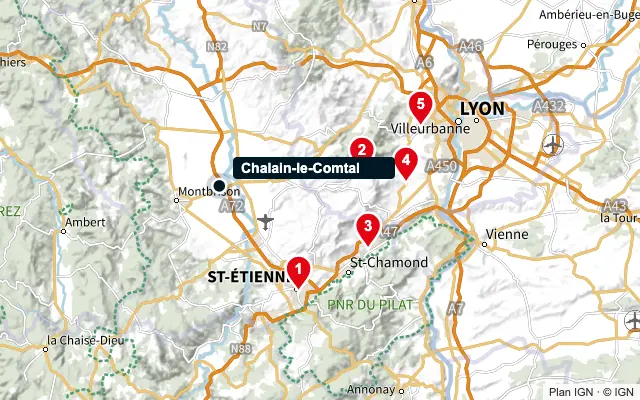 Carte : Chalain-le-Comtal et les 5 agences de la liste, numérotées de 1 à 5