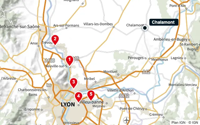 Carte : Chalamont et les 5 agences de la liste, numérotées de 1 à 5