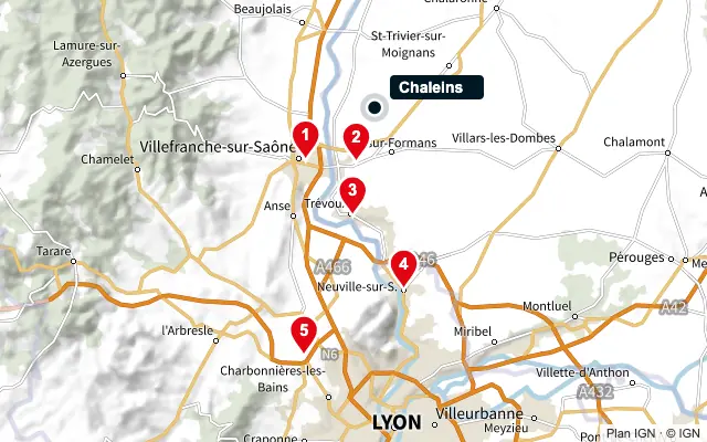 Carte : Chaleins et les 5 agences de la liste, numérotées de 1 à 5