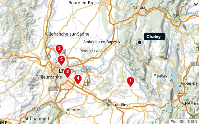 Carte : Chaley et les 5 agences de la liste, numérotées de 1 à 5