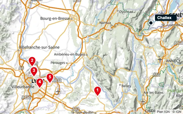 Carte : Challex et les 5 agences de la liste, numérotées de 1 à 5