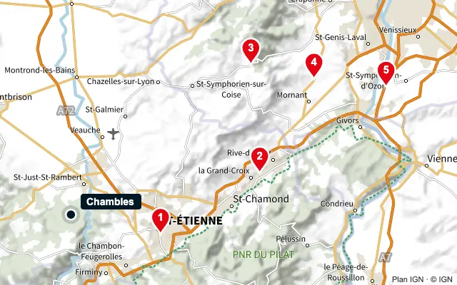 Carte : Chambles et les 5 agences de la liste, numérotées de 1 à 5