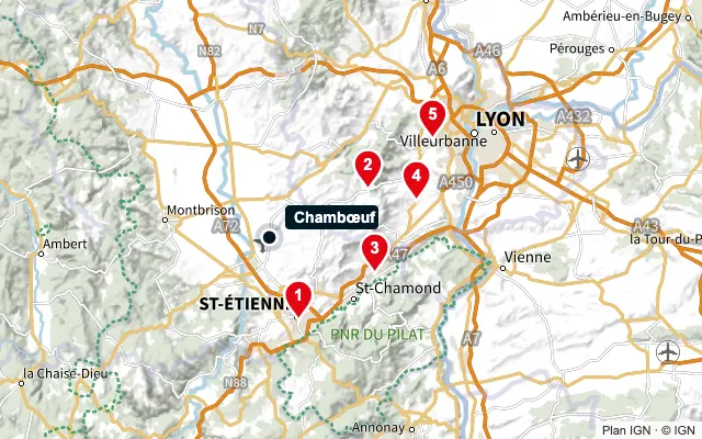 Carte : Chambœuf et les 5 agences de la liste, numérotées de 1 à 5
