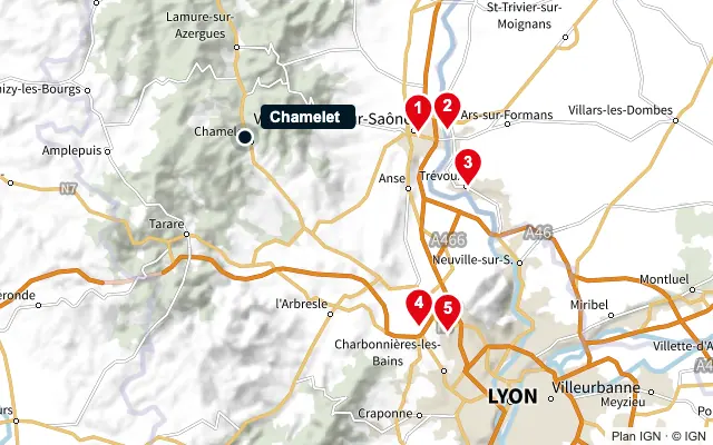 Carte : Chamelet et les 5 agences de la liste, numérotées de 1 à 5
