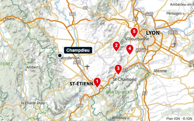Carte : Champdieu et les 5 agences de la liste, numérotées de 1 à 5