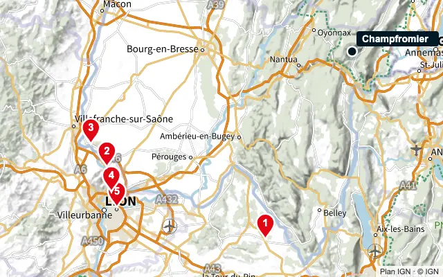 Carte : Champfromier et les 5 agences de la liste, numérotées de 1 à 5