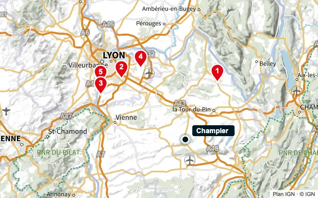 Carte : Champier et les 5 agences de la liste, numérotées de 1 à 5