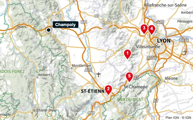 Carte : Champoly et les 5 agences de la liste, numérotées de 1 à 5